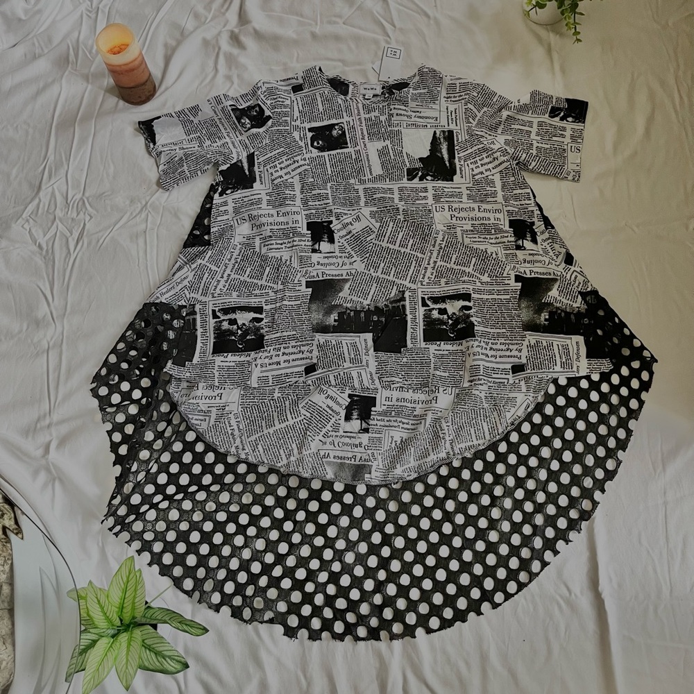 White and Black Newspapers Patch Tunic High Low